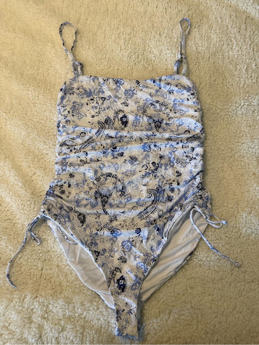 Dippin' Daisy's White and Blue Paisley Ruched One-Piece Swimsuit
